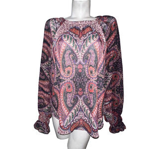 Loft Top Sheer Sleeve Blouse‎ Size XXL Colorful Paisley Print Peasant Boho Shirt